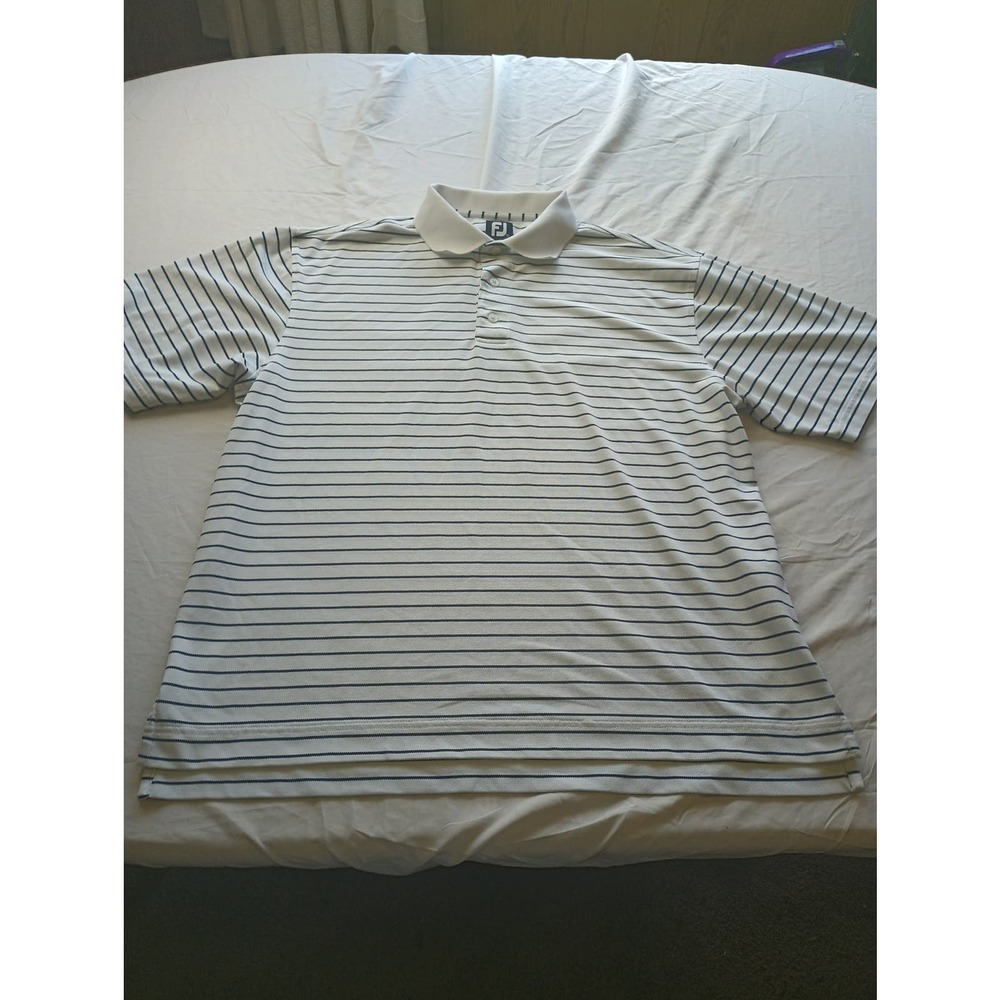 FootJoy Men's Short Sleeve White/ Black Striped Polo Shirt, Size Large
